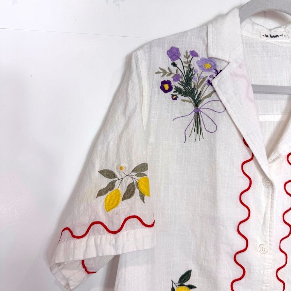 In Loom Embroidered Shirt Button Up Strawberry Lemon Picnic Short Sleeve Scallop - Picture 9 of 13